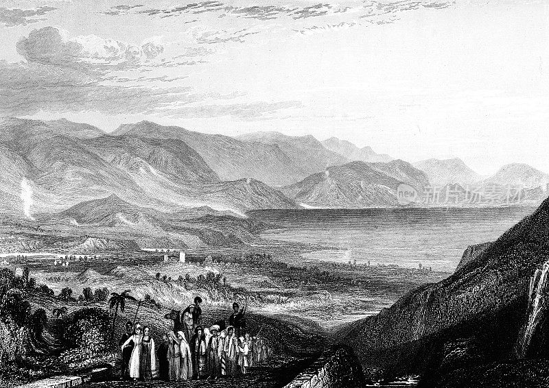 杰里科景观，死海和约旦河西岸的约旦河口，巴勒斯坦，J. M. W.特纳绘制-奥斯曼帝国19世纪